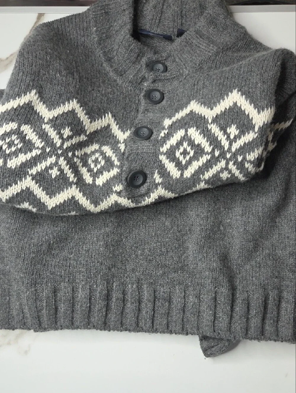 Men's Gray Button Nordic Pattern Sweater with Ivory Accent